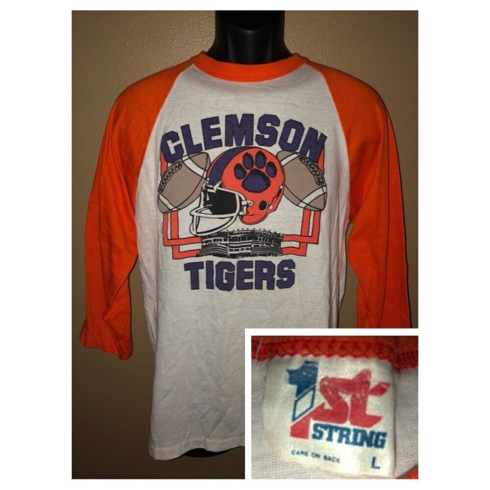 VTG CLEMSON TIGERS 70s 80s USA RAGLAN 50/50 T-Shirt SZ Large Football Stadium